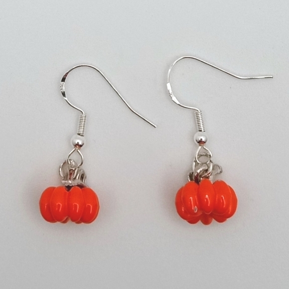 ORANGE AND SILVER METAL PUMPKINS, DURABLE,  STERLING SILVER EAR WIRES - Picture 2 of 2